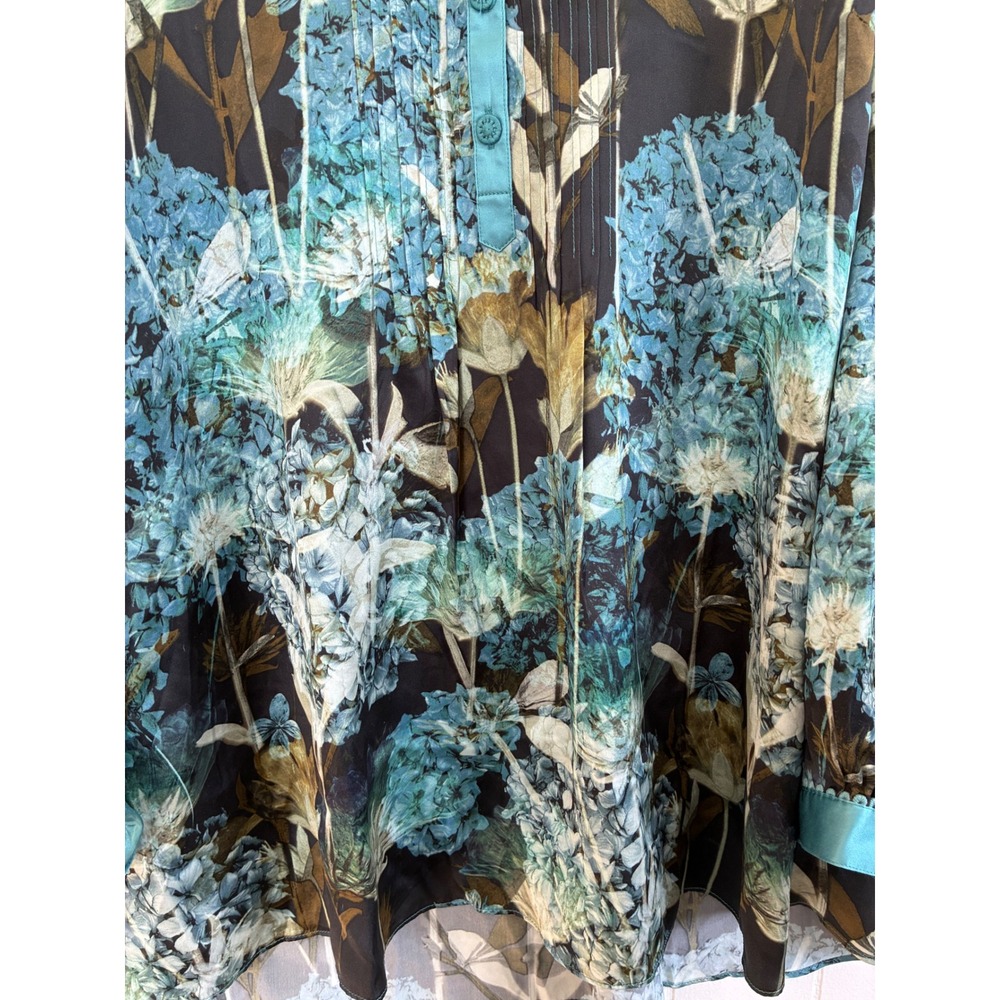 Soft Surroundings 100% Silk Floral Tunic Blouse Teal Blue Botanical‎ Boho 1X - Picture 8 of 10